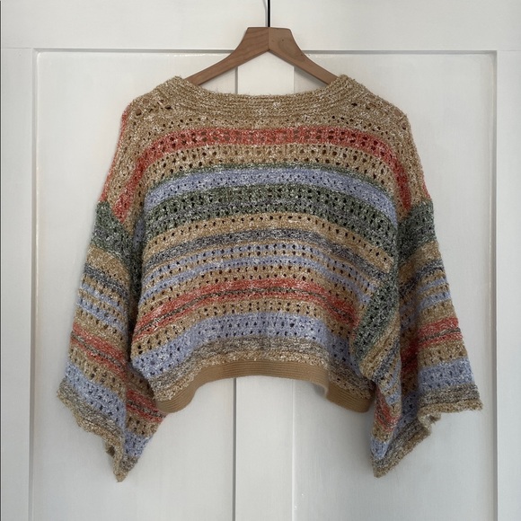 LALAVON Boxy Crop V-Neck Short Sleeve Open Knit Multi Color Sweater Top Size S - Picture 4 of 10